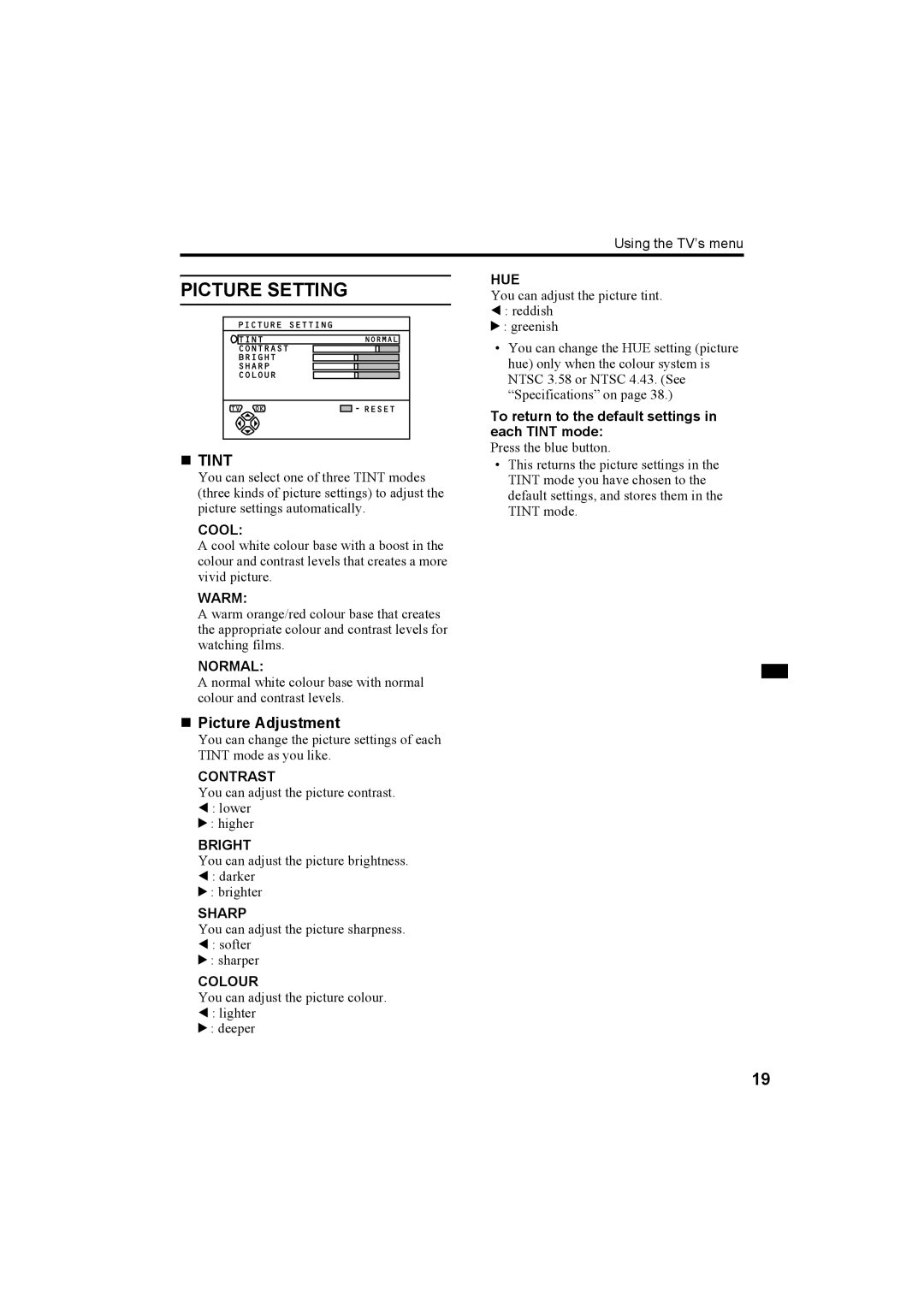 JVC AV-32R370KE, AV-28R370KE specifications Picture Setting 