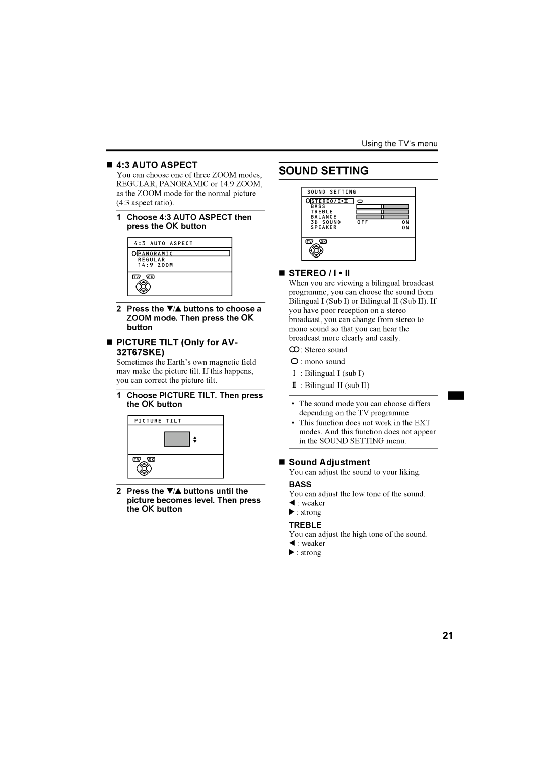 JVC AV-32R370KE, AV-28R370KE specifications „ 43 Auto Aspect, „ Picture Tilt Only for AV- 32T67SKE 