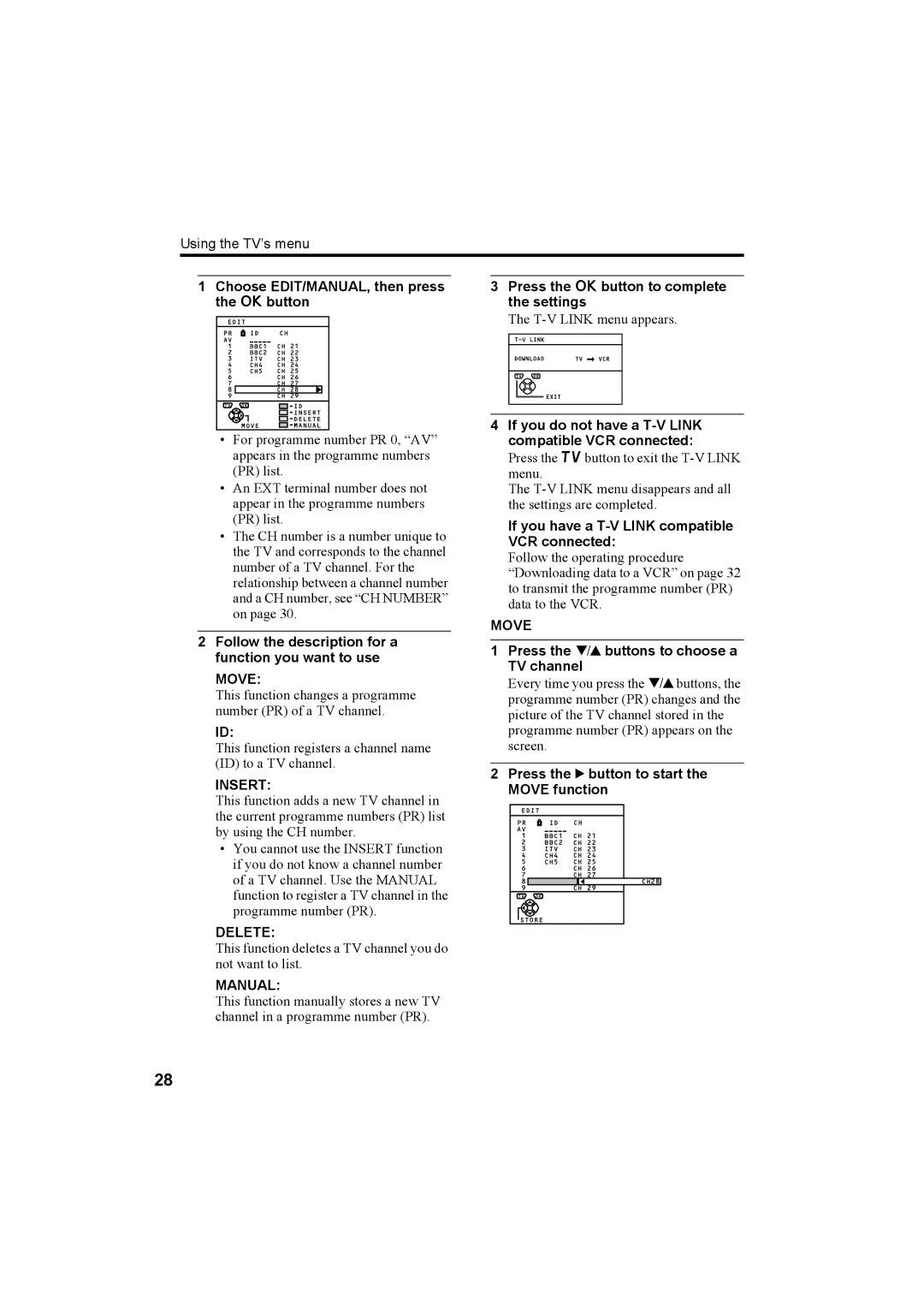 JVC AV-28R370KE, AV-32R370KE Choose EDIT/MANUAL, then press the abutton, Press the 3 button to start Move function 