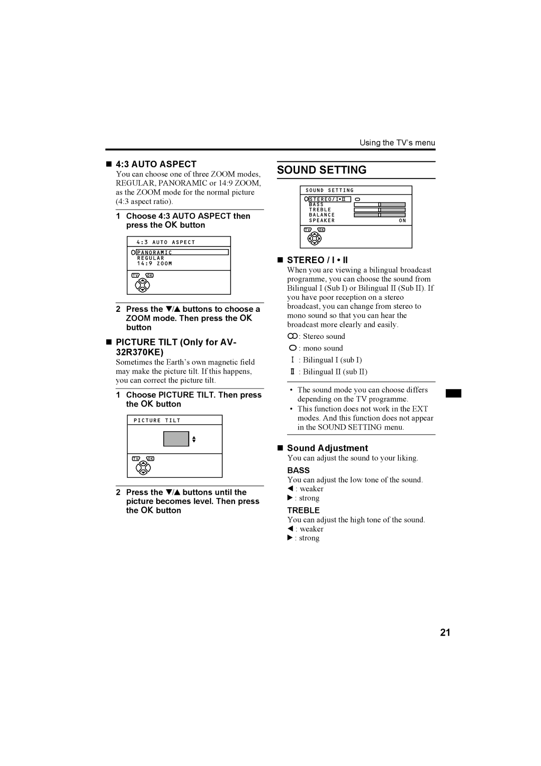 JVC AV-28R370KE, AV-32R370KE specifications „ 43 Auto Aspect, „ Picture Tilt Only for AV- 32R370KE, „ Sound Adjustment 