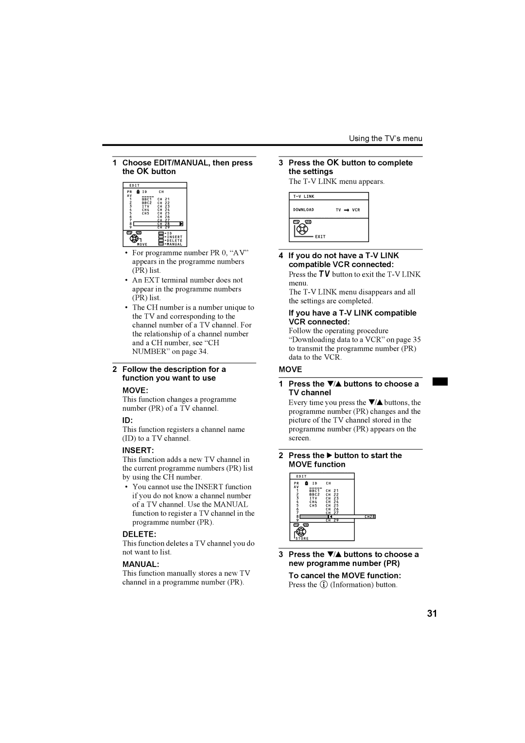 JVC AV-28R370KE, AV-32R370KE specifications Move, Insert, Delete, Manual 