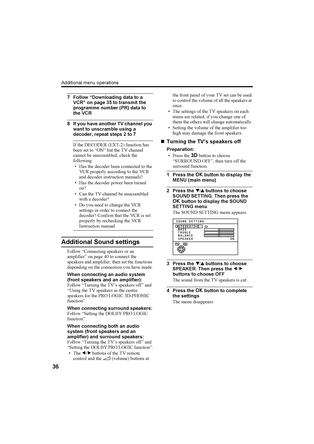 JVC AV-32R370KE, AV-28R370KE specifications Additional Sound settings, „ Turning the TV’s speakers off 