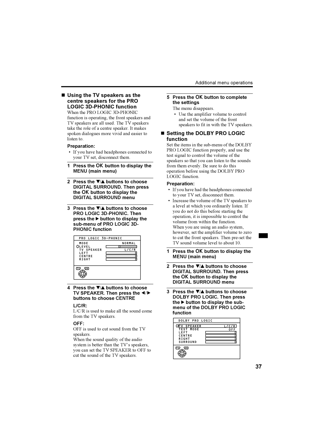 JVC AV-28R370KE, AV-32R370KE specifications „ Setting the Dolby PRO Logic function, Off 