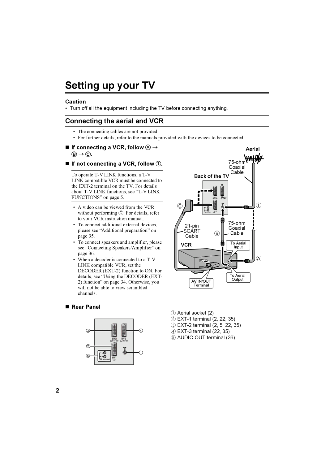 JVC AV-28R370KE Connecting the aerial and VCR, „ If connecting a VCR, follow a →, → C „ If not connecting a VCR, follow 