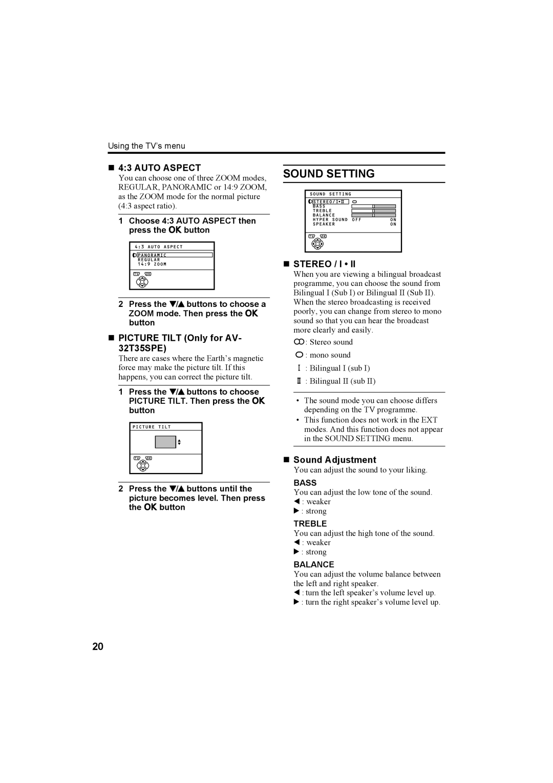 JVC AV-28R370KE, AV-32R370KE specifications „ 43 Auto Aspect, „ Picture Tilt Only for AV- 32T35SPE 