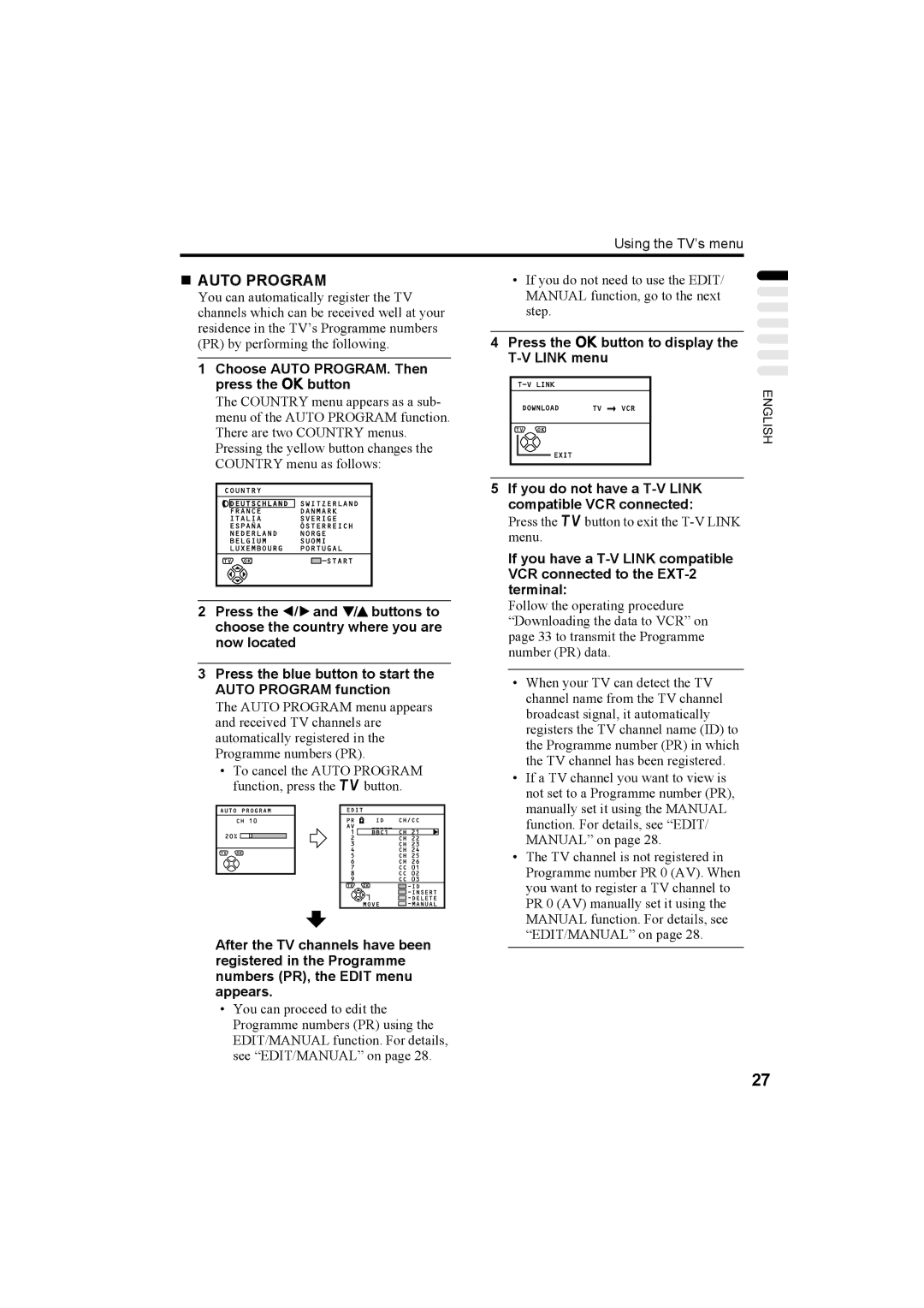 JVC AV-32R370KE, AV-28R370KE specifications „ Auto Program, Choose Auto PROGRAM. Then press the abutton 