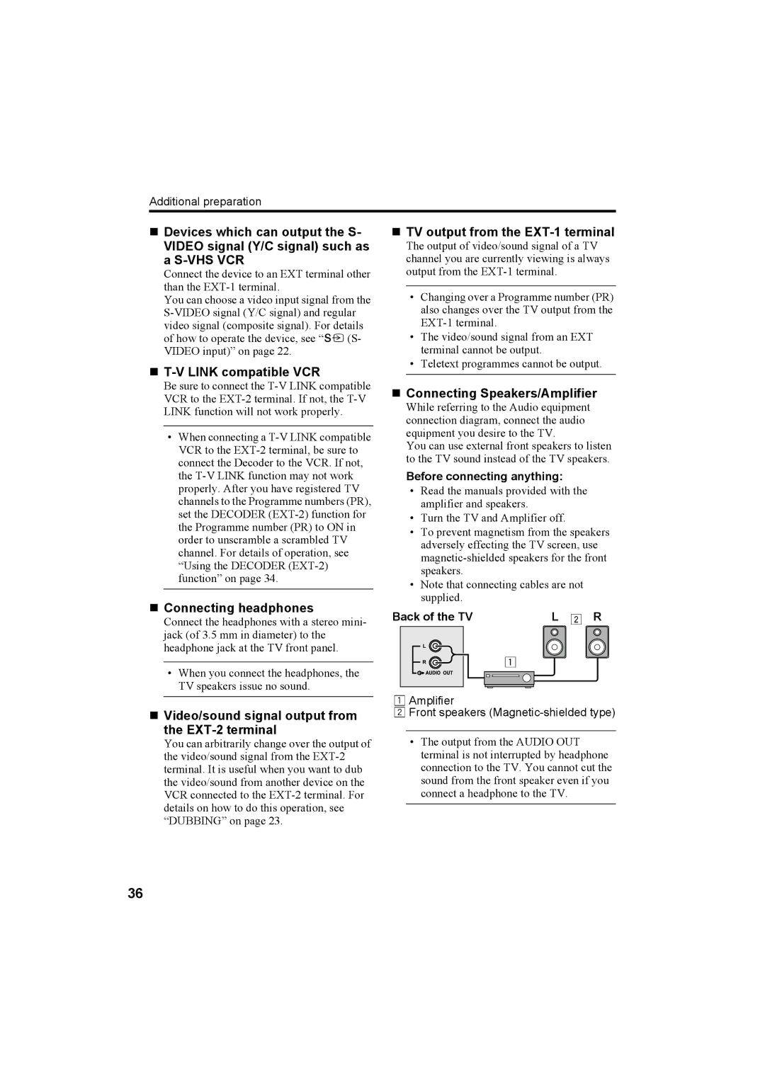 JVC AV-28R370KE „ Video/sound signal output from the EXT-2 terminal, „ Connecting Speakers/Amplifier, Back RLof the TV 