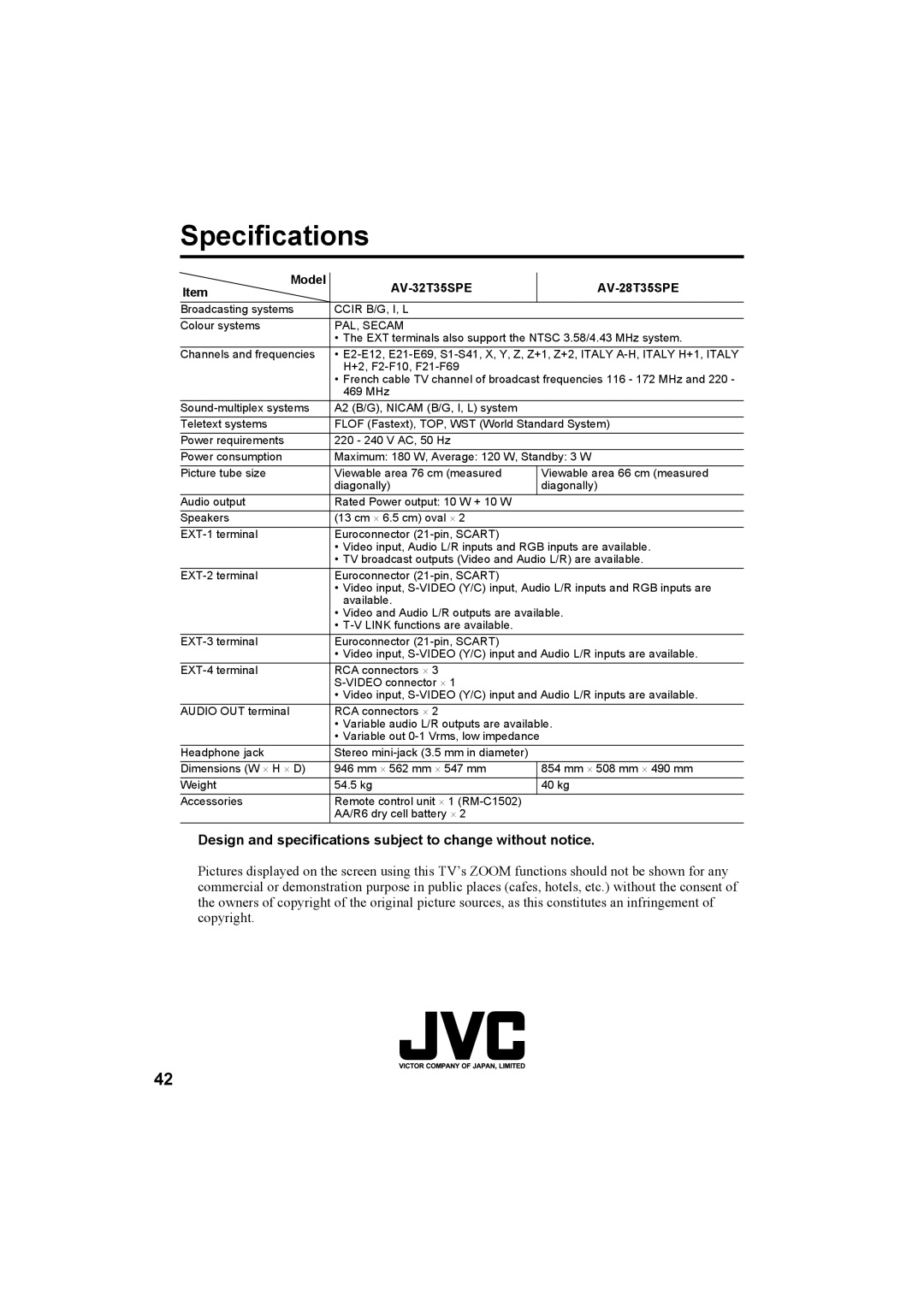 JVC AV-28R370KE, AV-32R370KE Specifications, Design and specifications subject to change without notice 