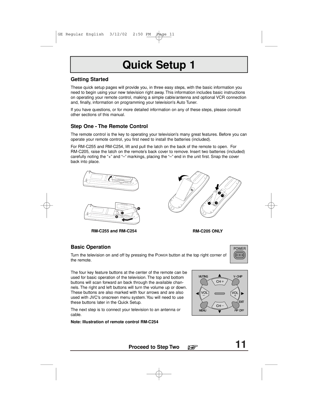 JVC AV-36S36, AV-32S36 Quick Setup, Getting Started, Step One The Remote Control, Basic Operation, Proceed to Step Two 