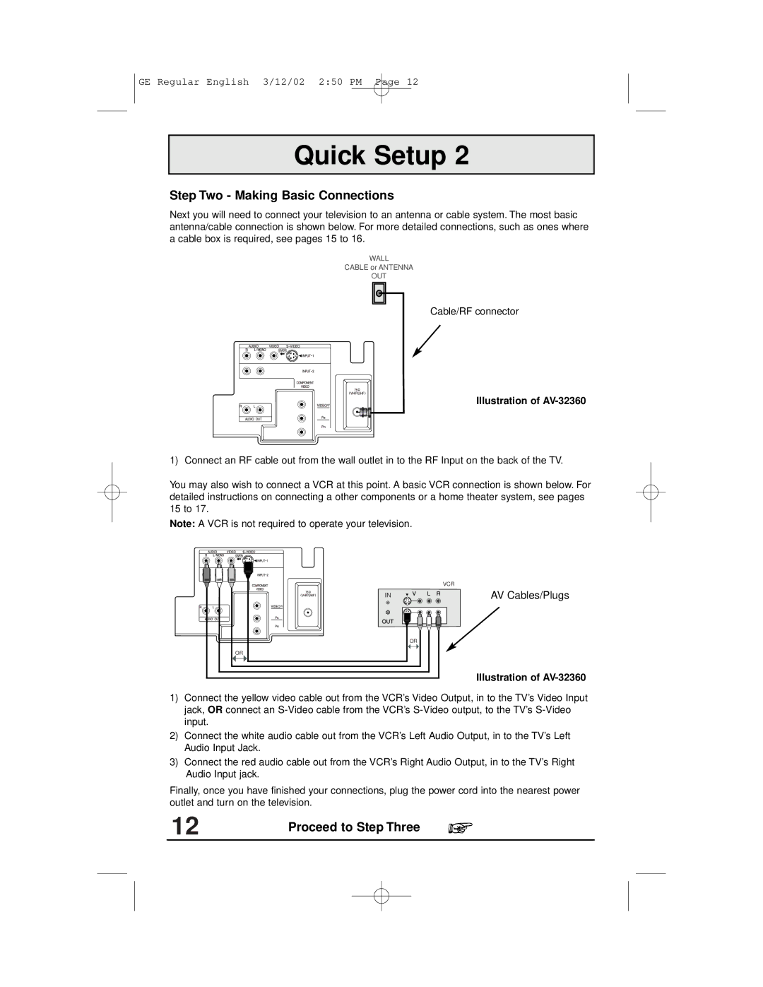 JVC AV-36S33, AV-32S36, AV-32S33 manual Step Two Making Basic Connections, Proceed to Step Three, Illustration of AV-32360 