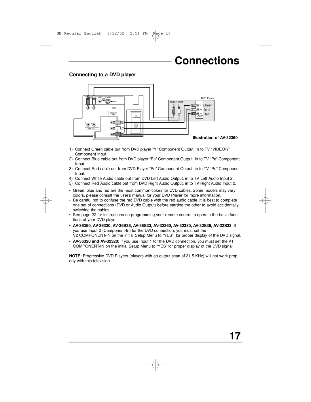 JVC AV-32360, AV-32S36, AV-32S33, AV-36S36, AV-36S33, AV-36330, AV-36320, AV-32320, AV-32330 manual Connecting to a DVD player 