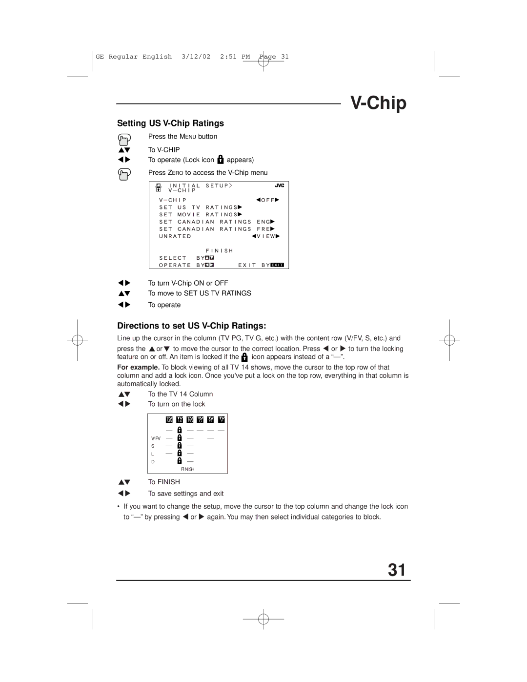 JVC AV-36330, AV-32S36, AV-32S33, AV-36S36, AV-36S33, AV-36320 Setting US V-Chip Ratings, Directions to set US V-Chip Ratings 