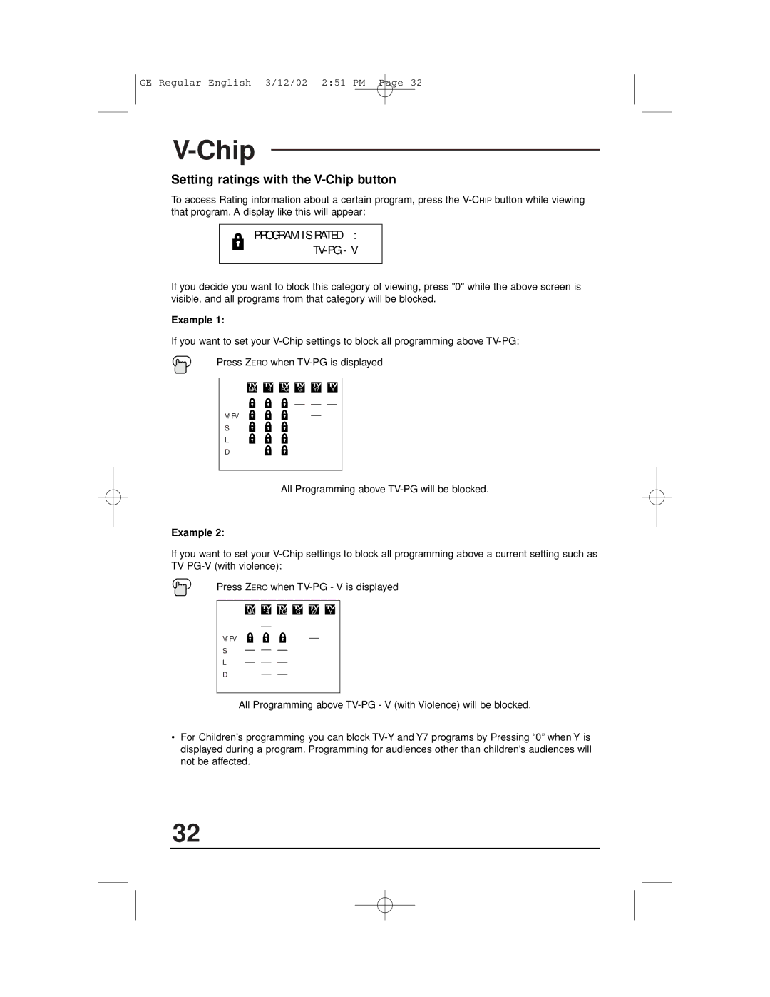 JVC AV-36320, AV-32S36, AV-32S33, AV-36S36, AV-36S33, AV-36330, AV-32320 manual Setting ratings with the V-Chip button, Example 