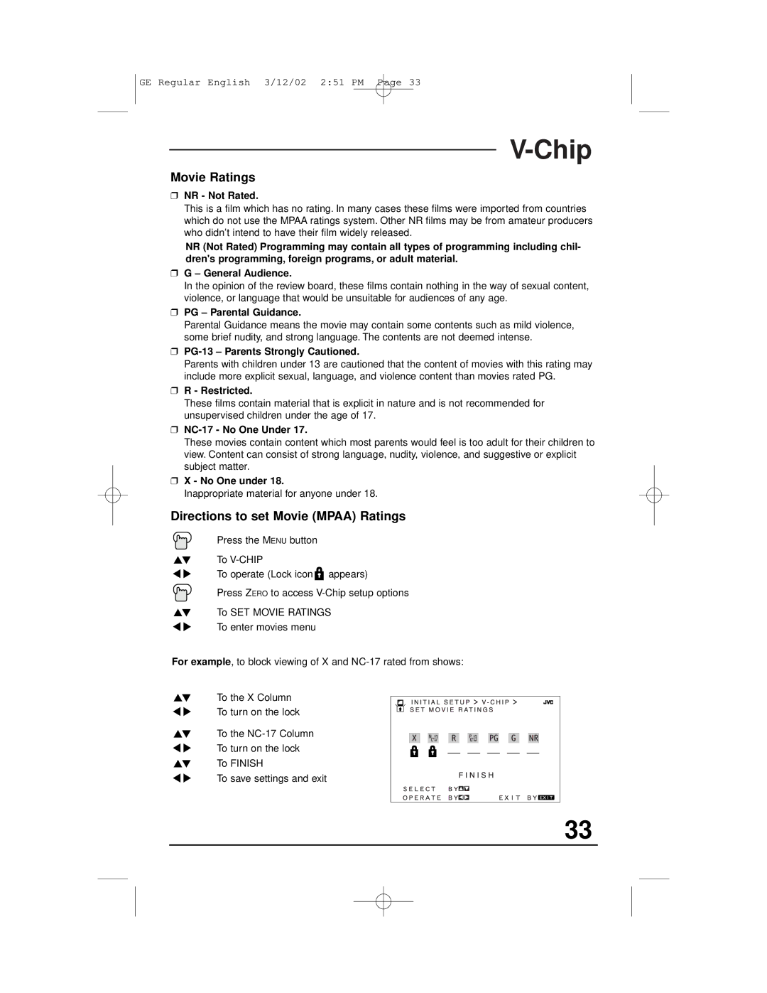 JVC AV-32320, AV-32S36, AV-32S33, AV-36S36, AV-36S33, AV-36330, AV-36320 Movie Ratings, Directions to set Movie Mpaa Ratings 