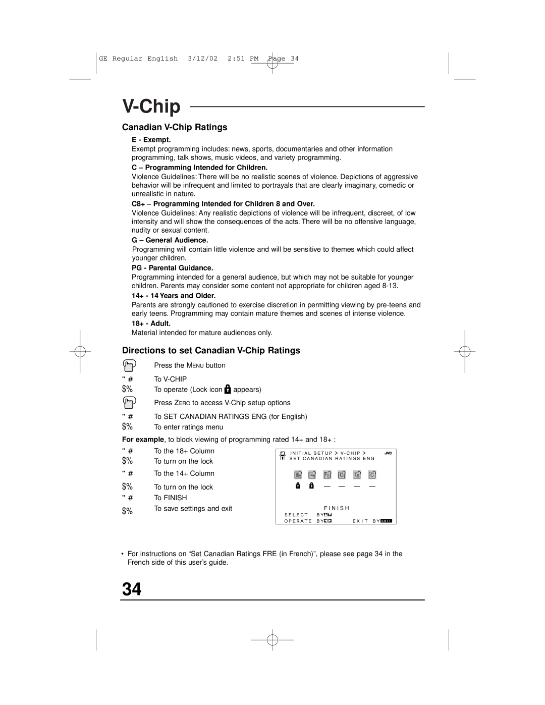 JVC AV-32330, AV-32S36, AV-32S33, AV-36S36, AV-36S33, AV-36330, AV-36320, AV-32320 Directions to set Canadian V-Chip Ratings 