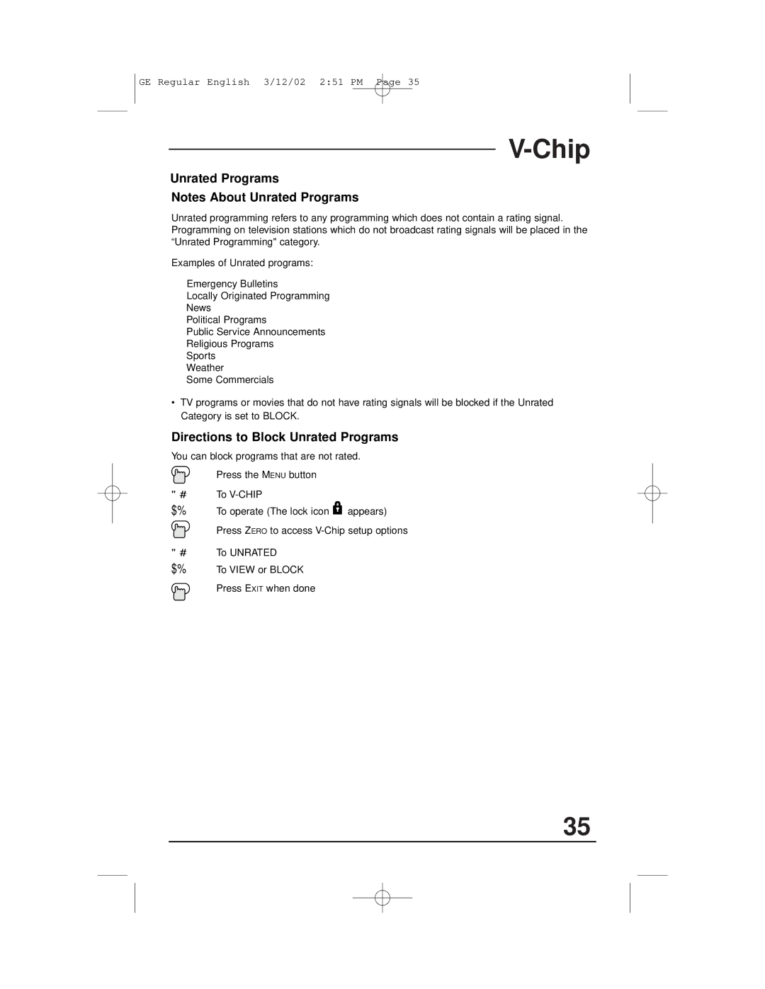 JVC AV-32360, AV-32S36, AV-32S33, AV-36S36, AV-36S33, AV-36330, AV-36320, AV-32320 manual Directions to Block Unrated Programs 