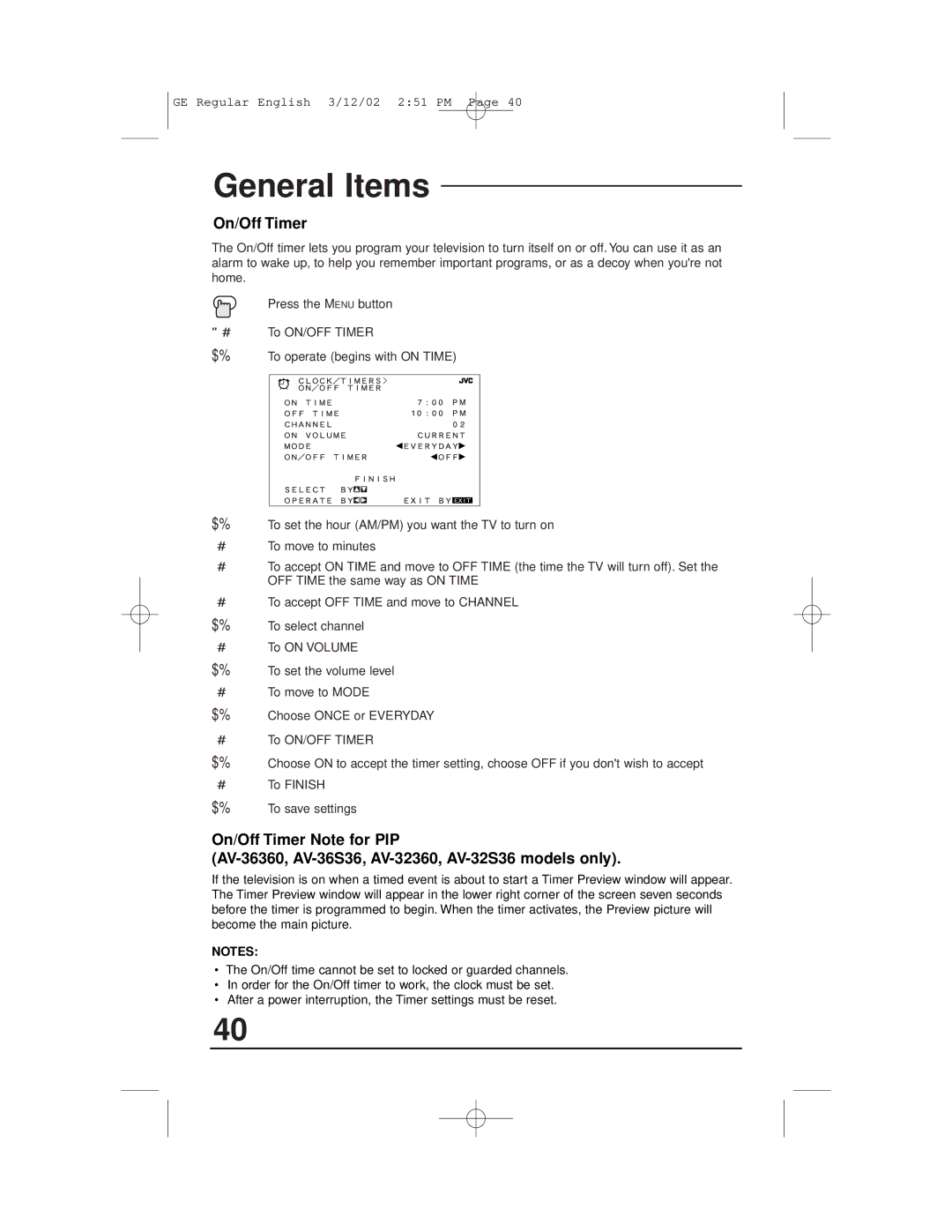 JVC AV-36330, AV-32S36, AV-32S33, AV-36S36, AV-36S33, AV-36320, AV-32320, AV-32330, AV-32360 manual General Items, On/Off Timer 