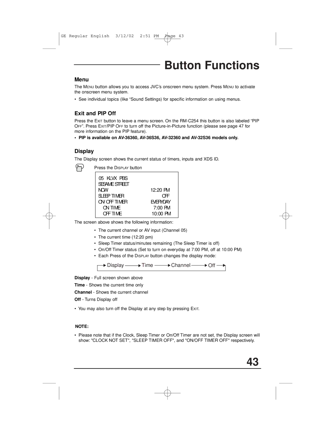 JVC AV-32330, AV-32S36, AV-32S33, AV-36S36, AV-36S33, AV-36330, AV-36320 manual Button Functions, Menu, Exit and PIP Off, Display 