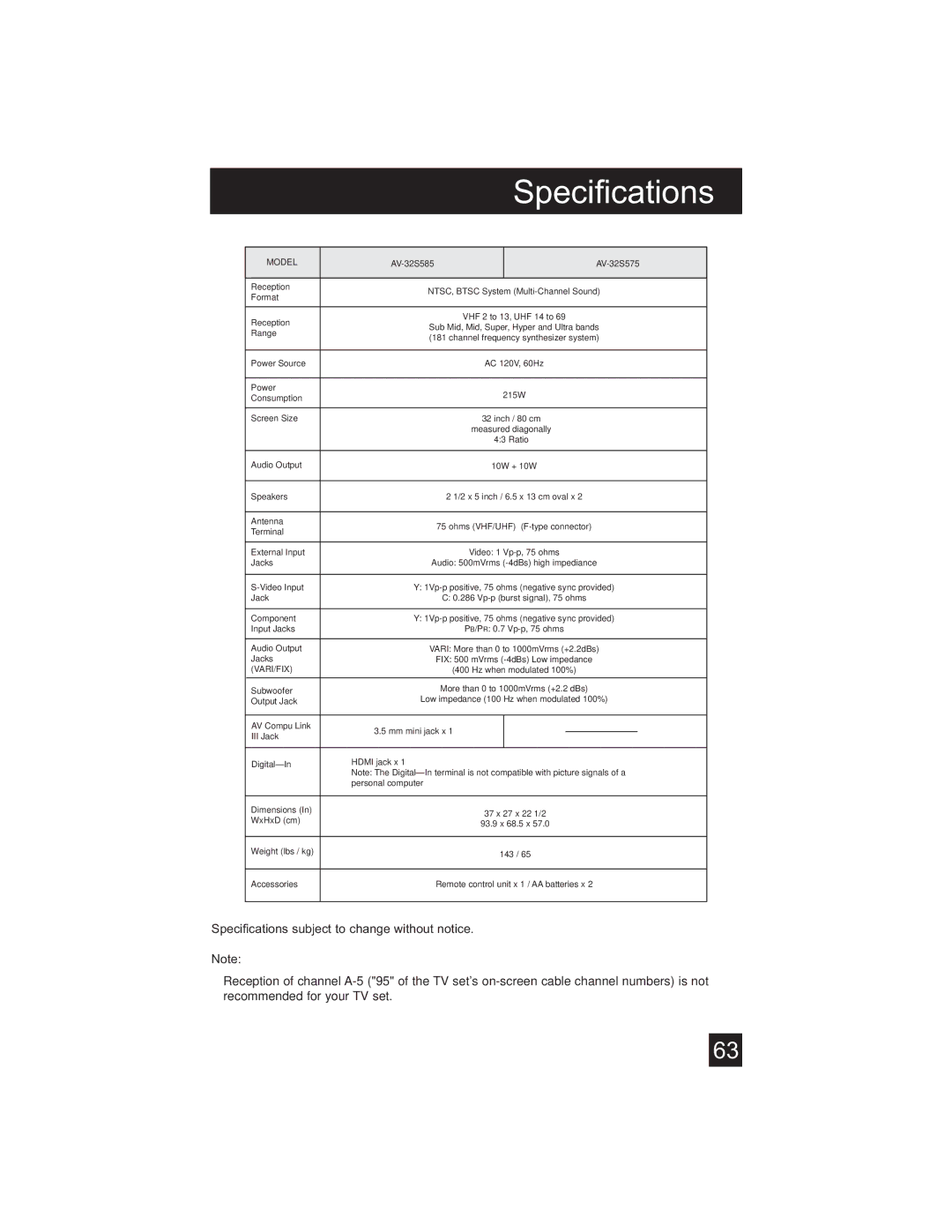 JVC AV-32S565 manual Specifications, Model 