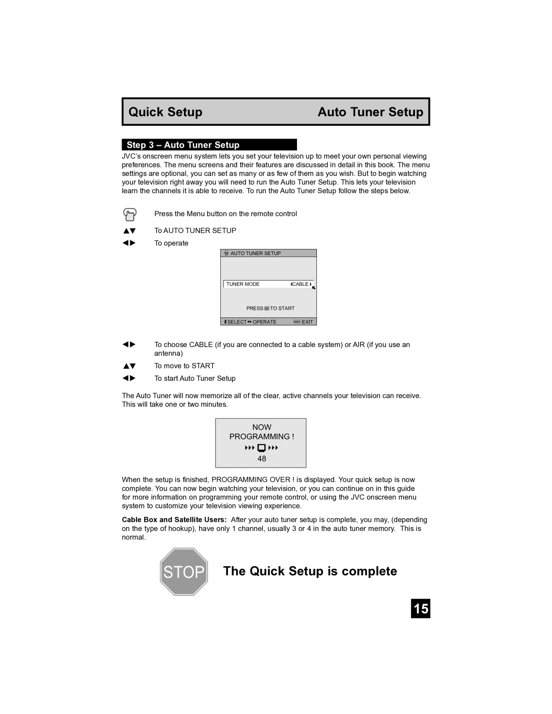 JVC AV-32S565 manual Quick Setup Auto Tuner Setup 