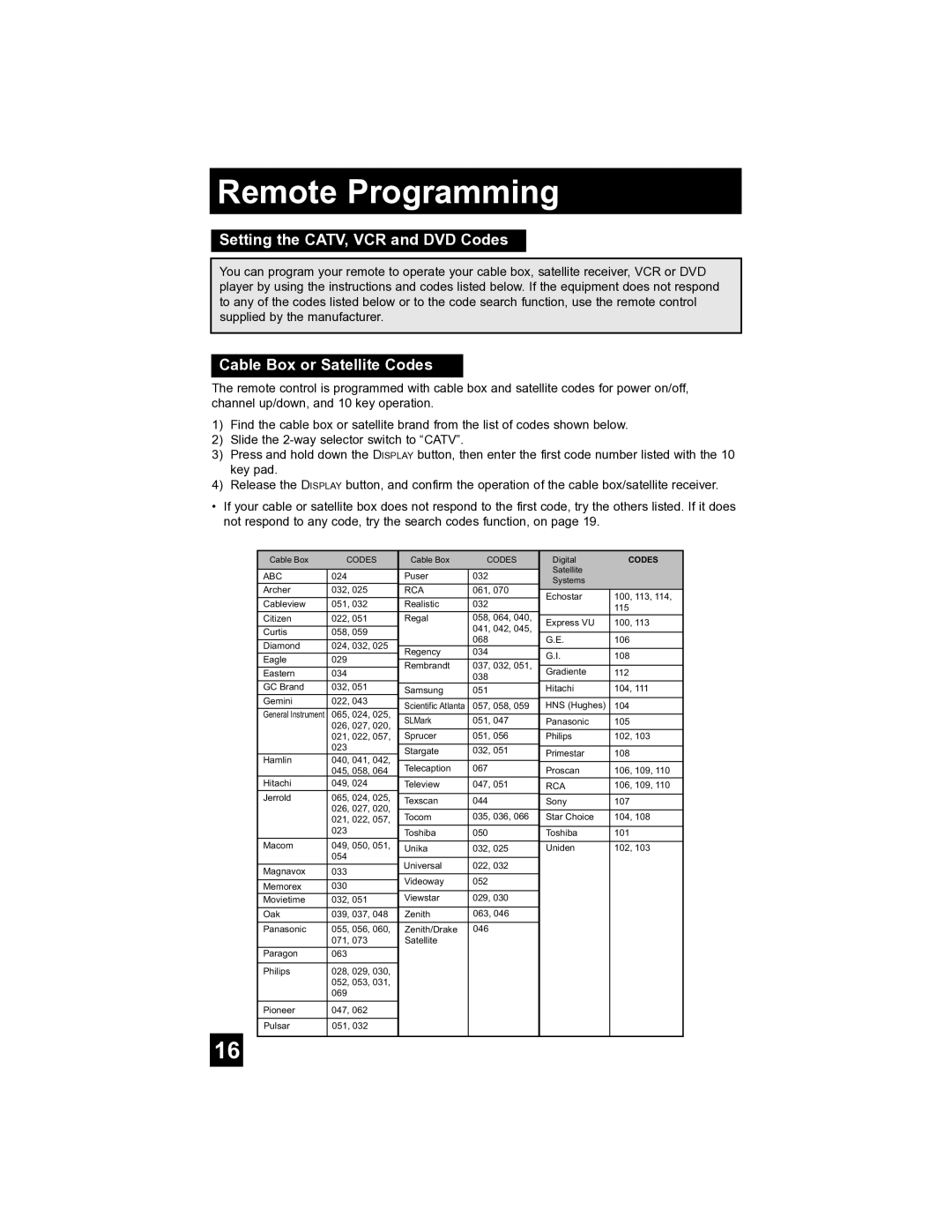 JVC AV-32S565 manual Remote Programming, Setting the CATV, VCR and DVD Codes, Cable Box or Satellite Codes 