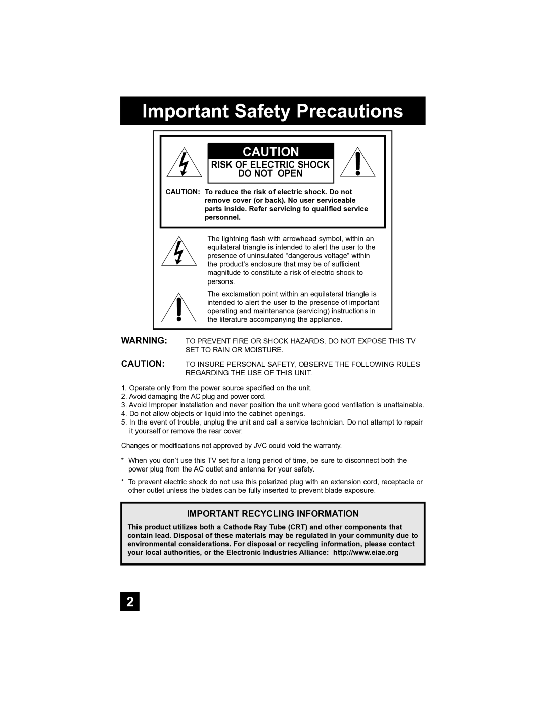 JVC AV-32S565 manual Important Safety Precautions, Risk of Electric Shock Do not Open 