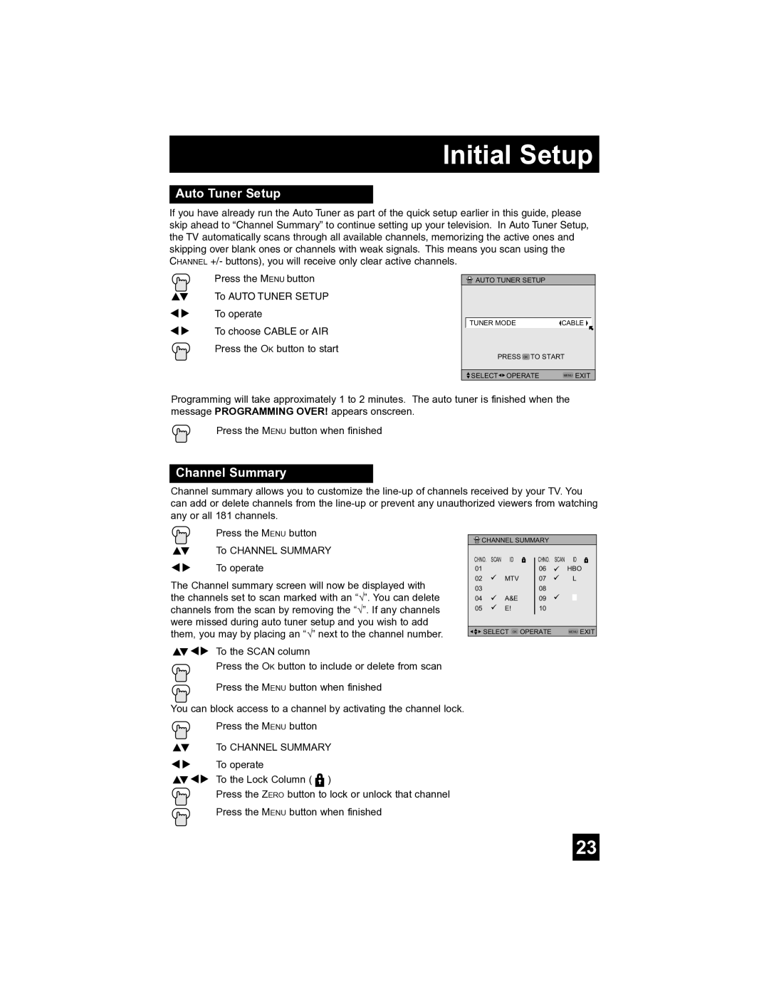 JVC AV-32S565 manual Initial Setup, Channel Summary 