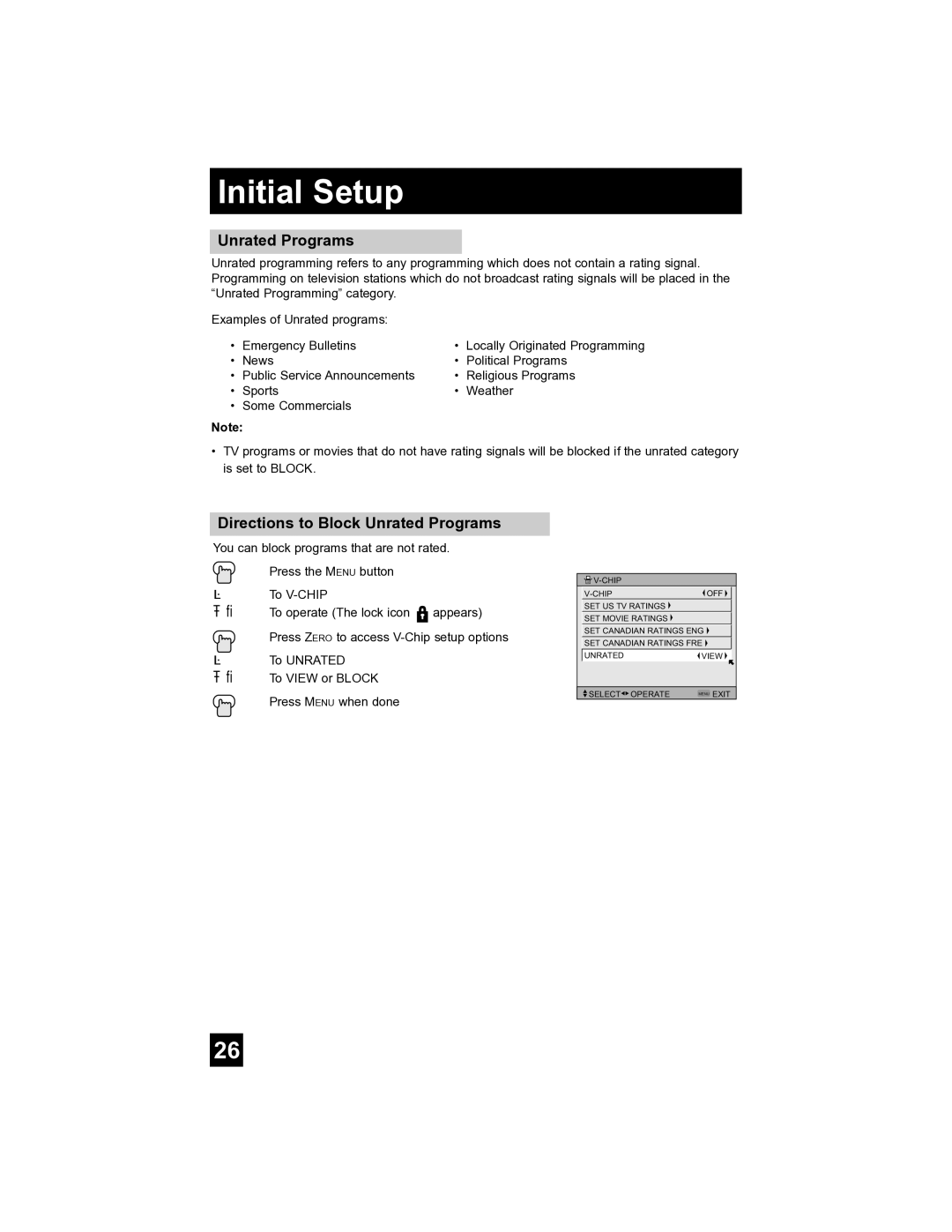 JVC AV-32S565 manual Directions to Block Unrated Programs 