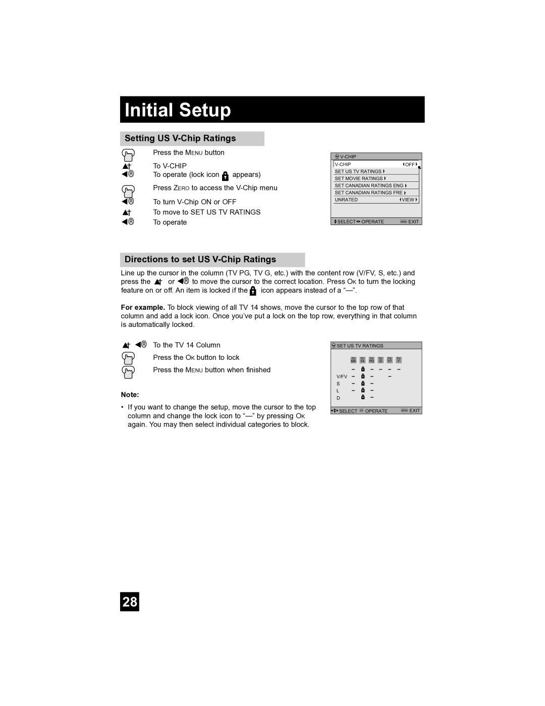 JVC AV-32S565 manual Setting US V-Chip Ratings, Directions to set US V-Chip Ratings 