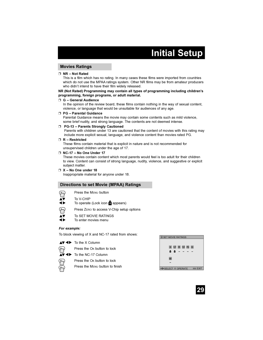 JVC AV-32S565 manual Movies Ratings, Directions to set Movie Mpaa Ratings 