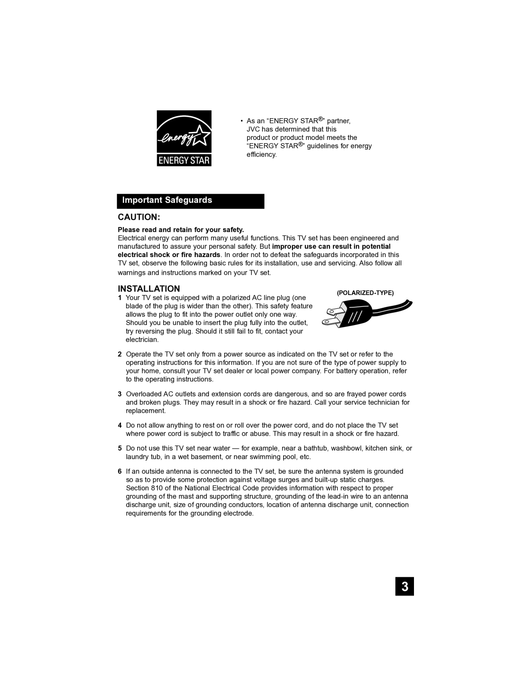 JVC AV-32S565 manual Important Safeguards, Please read and retain for your safety 