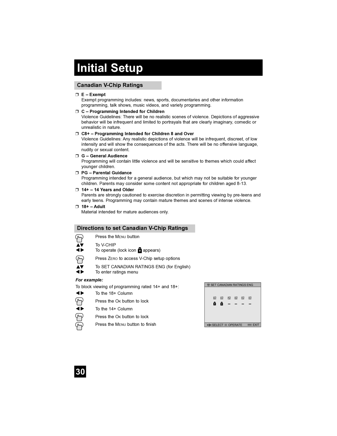 JVC AV-32S565 manual Directions to set Canadian V-Chip Ratings 