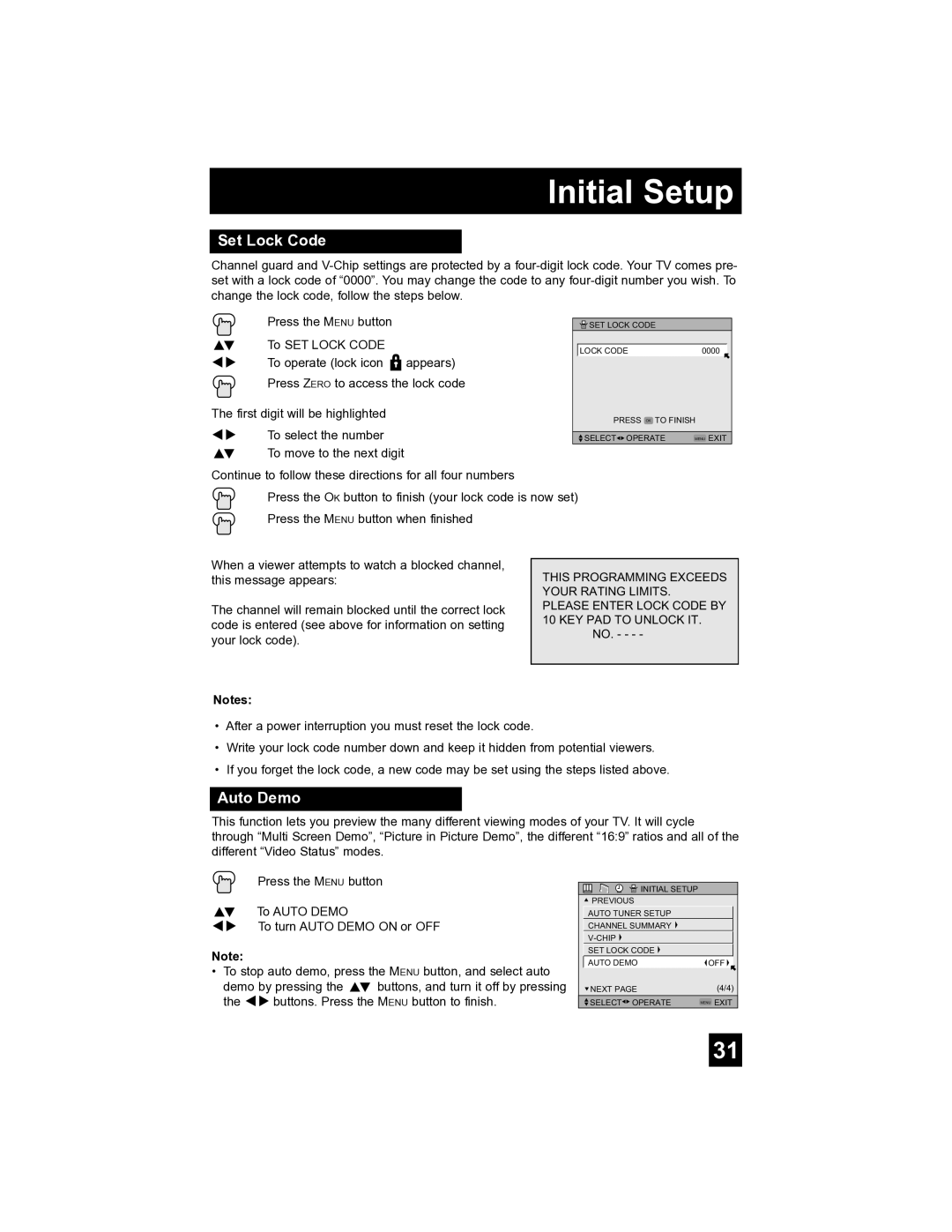 JVC AV-32S565 manual Set Lock Code, Auto Demo 