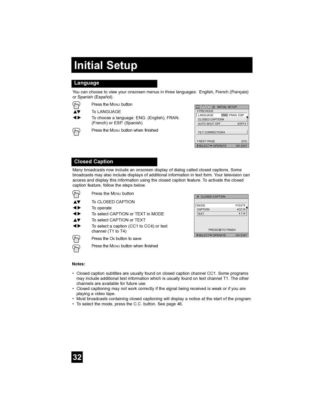 JVC AV-32S565 manual Language, Closed Caption 