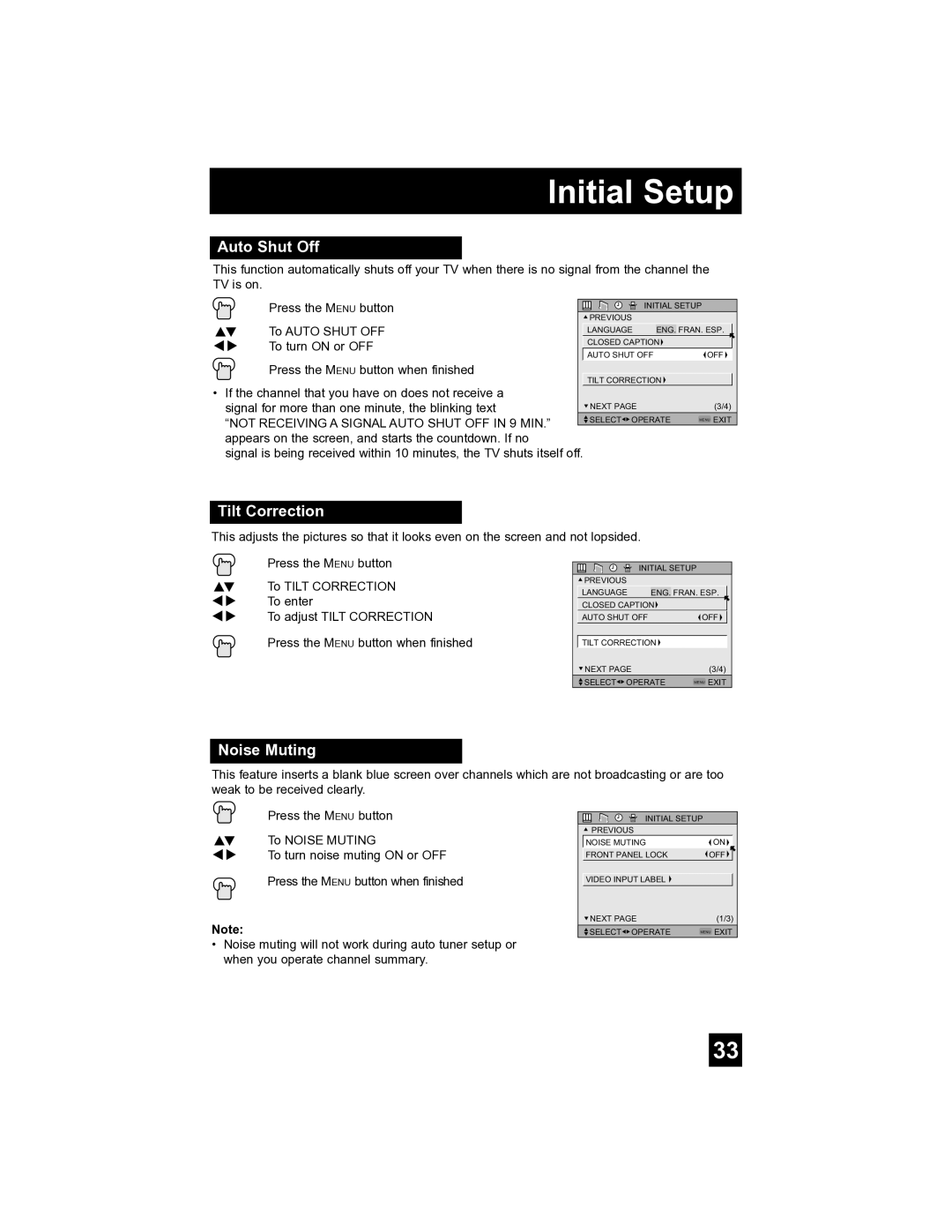 JVC AV-32S565 manual Auto Shut Off, Tilt Correction, Noise Muting 