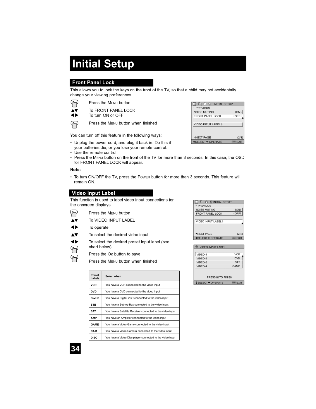 JVC AV-32S565 manual Front Panel Lock, Video Input Label 