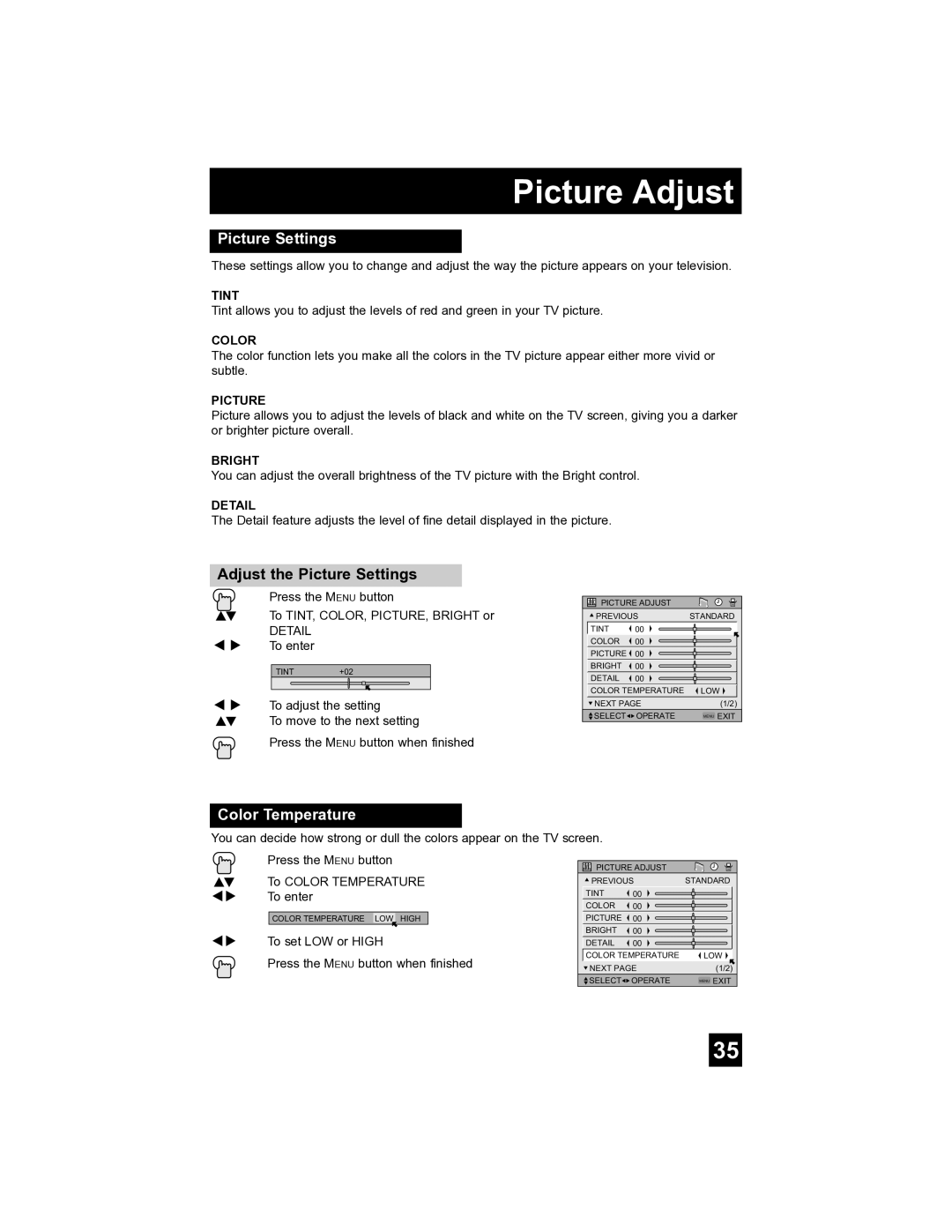 JVC AV-32S565 manual Picture Adjust, Adjust the Picture Settings, Color Temperature 