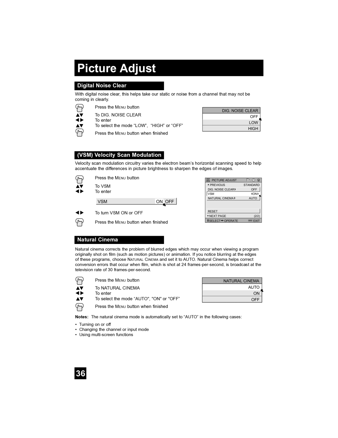 JVC AV-32S565 manual Digital Noise Clear, VSM Velocity Scan Modulation, Natural Cinema 