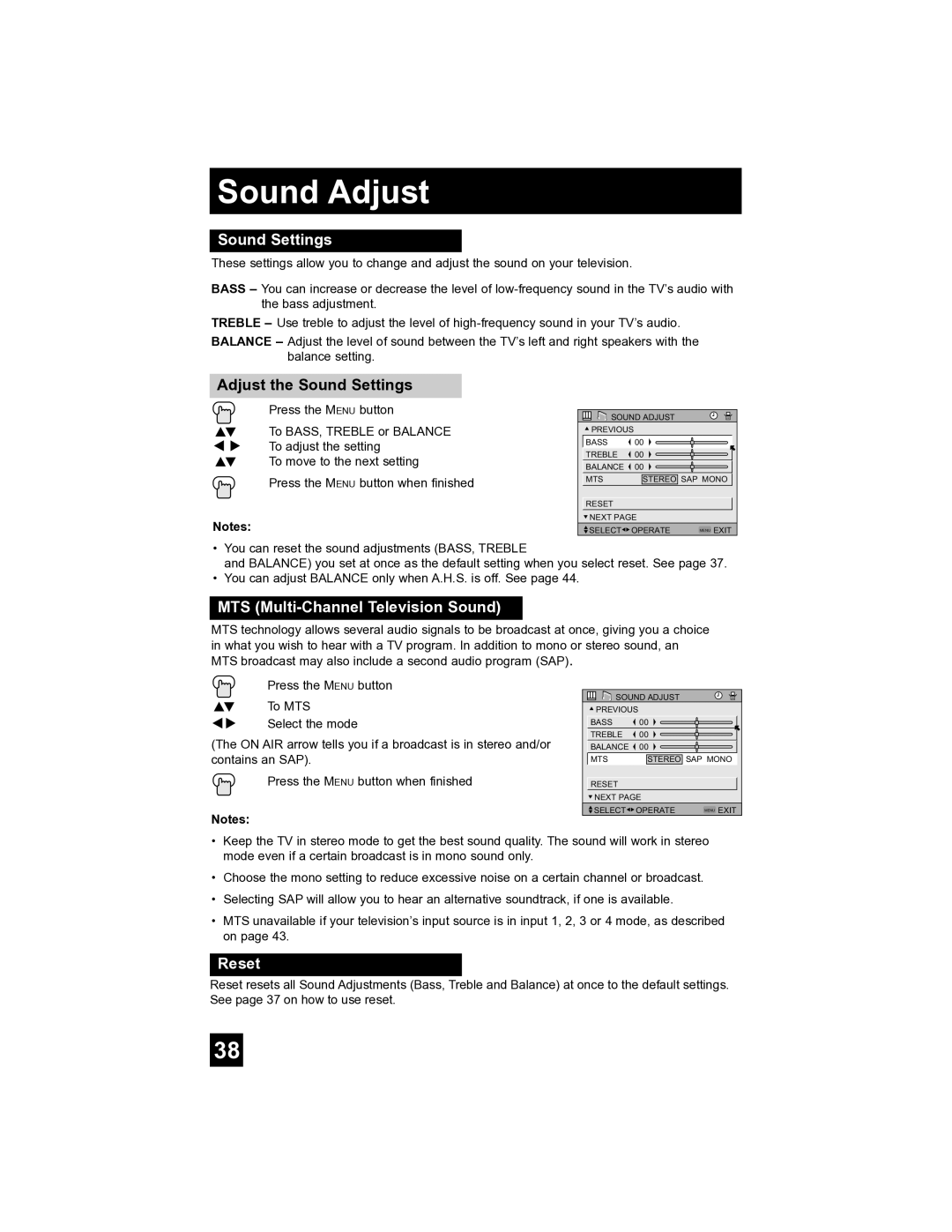 JVC AV-32S565 manual Sound Adjust, Adjust the Sound Settings, MTS Multi-Channel Television Sound 