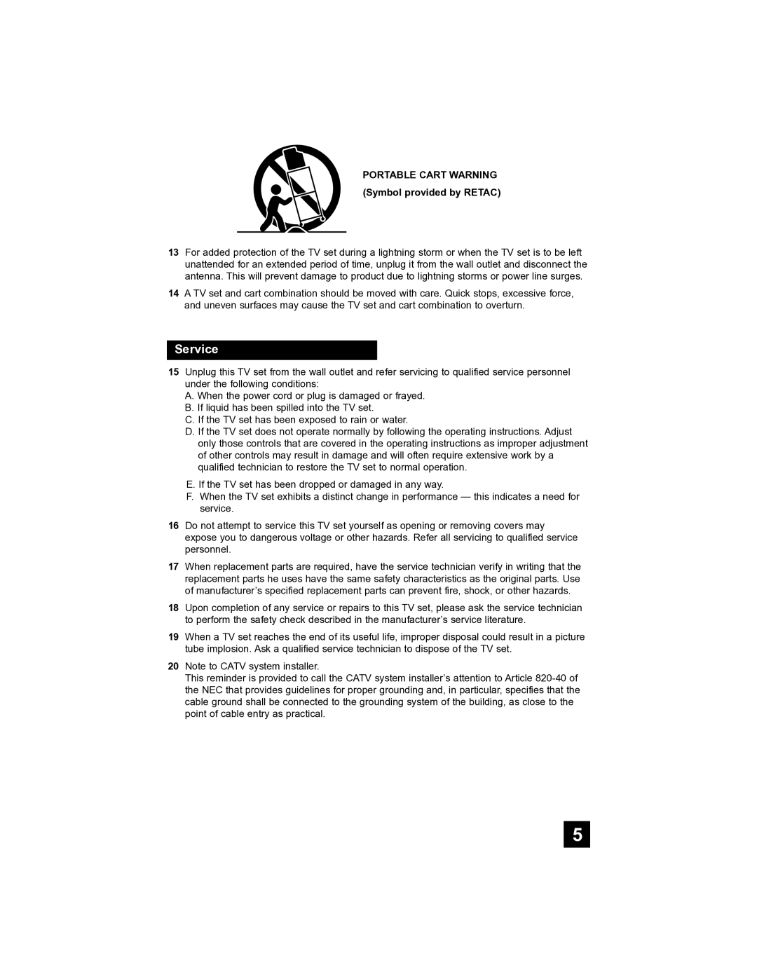 JVC AV-32S565 manual Service, Portable Cart Warning Symbol provided by Retac 