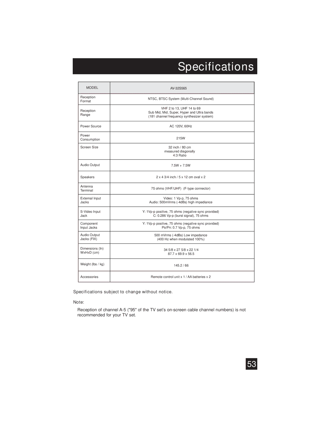 JVC AV-32S565 manual Specifications subject to change without notice 