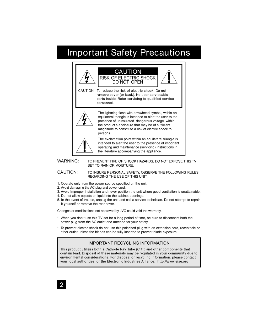 JVC AV-32S565 manual Important Safety Precautions 