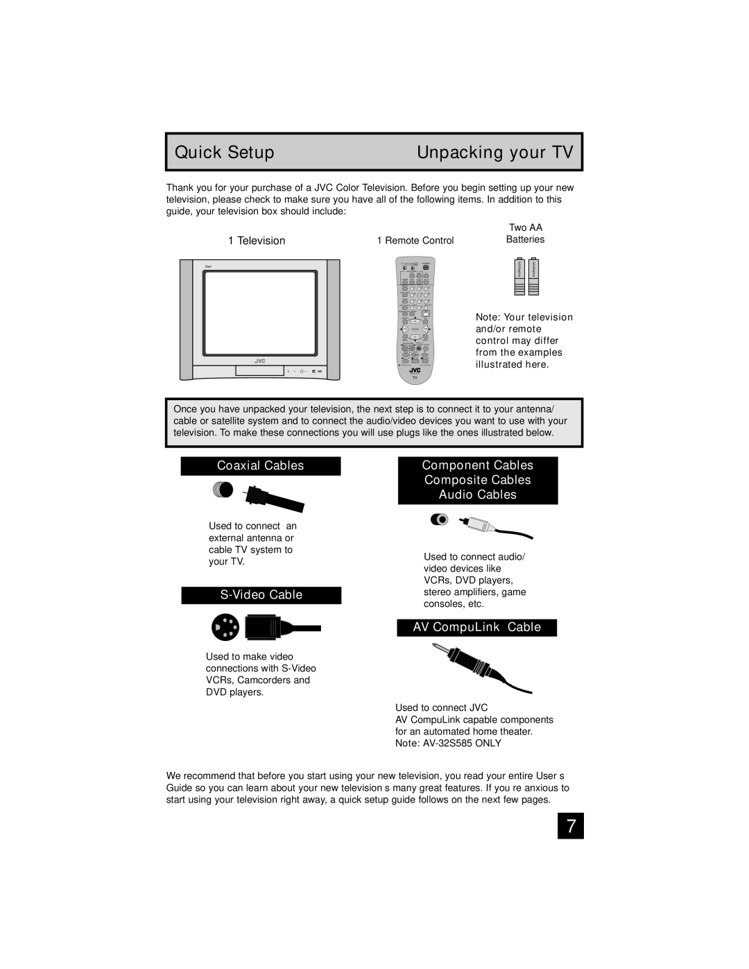 JVC AV-32S565 manual Video Cable Component Cables Composite Cables Audio Cables, AV CompuLink Cable 