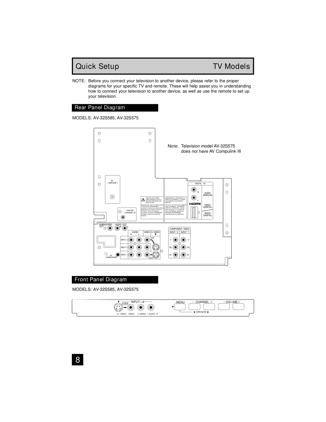 JVC AV-32S565 manual Quick Setup TV Models, Models AV-32S585, AV-32S575 