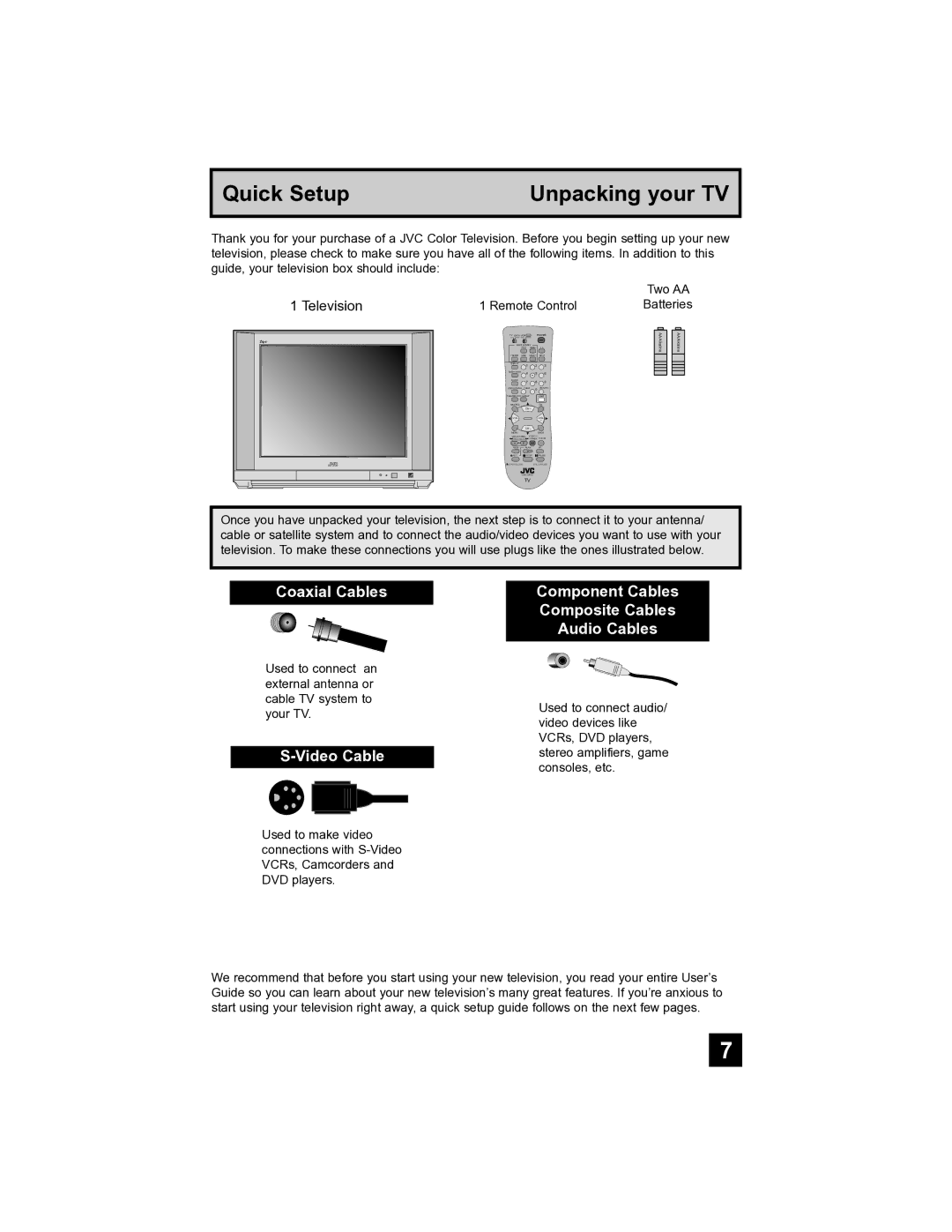 JVC AV-32S565 manual Coaxial Cables, Video Cable, Component Cables Composite Cables Audio Cables 