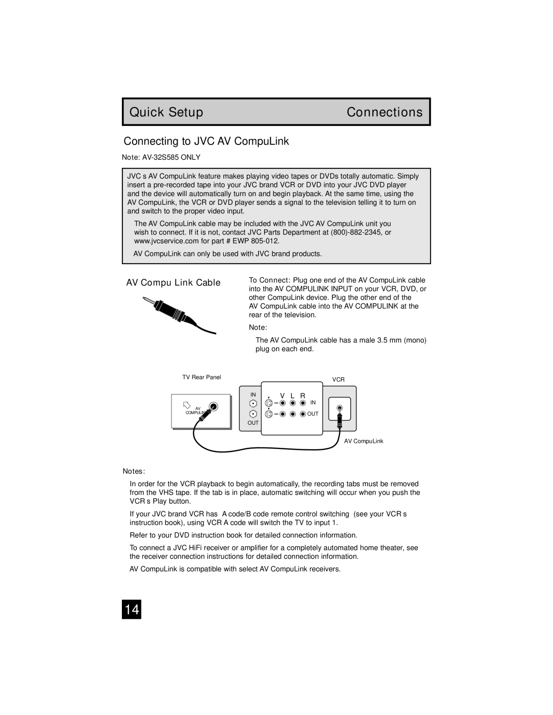 JVC AV-32S565 manual Connecting to JVC AV CompuLink, AV Compu Link Cable 