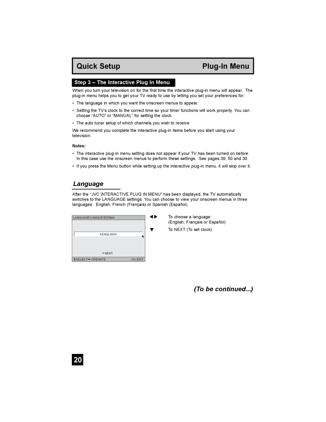 JVC AV 32S776, AV 27S776, AV 30W776 manual Quick Setup Plug-In Menu, Interactive Plug In Menu 