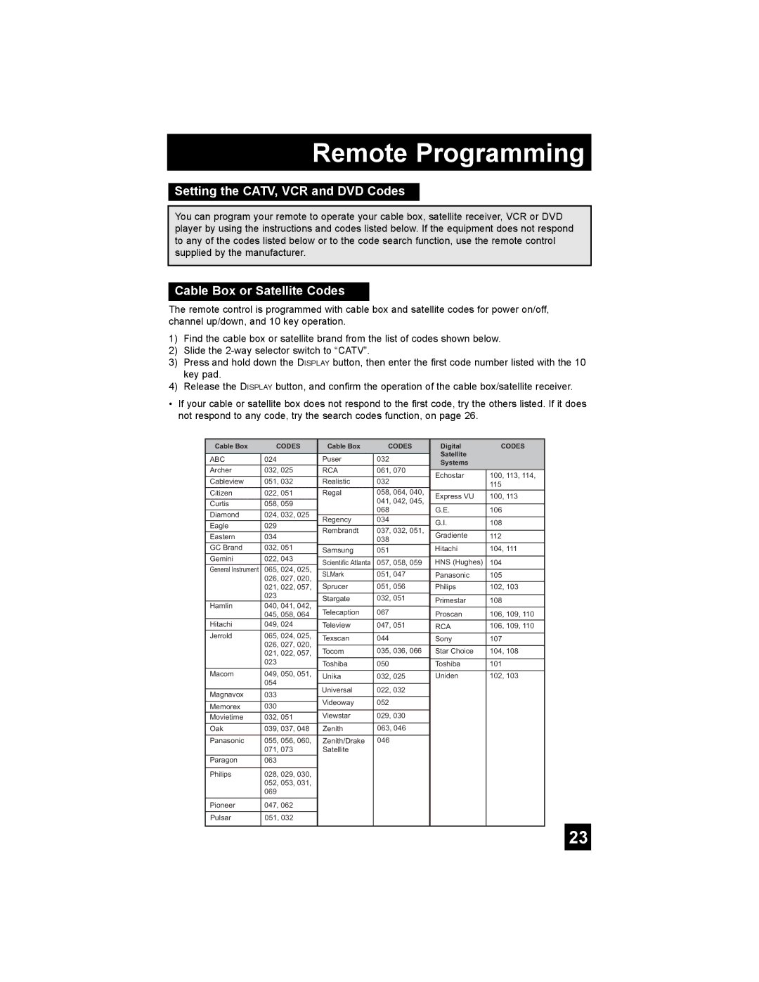 JVC AV-32S776, AV-32S766, AV-30W776, AV-27S776, AV 32S776 manual Remote Programming, Setting the CATV, VCR and DVD Codes 