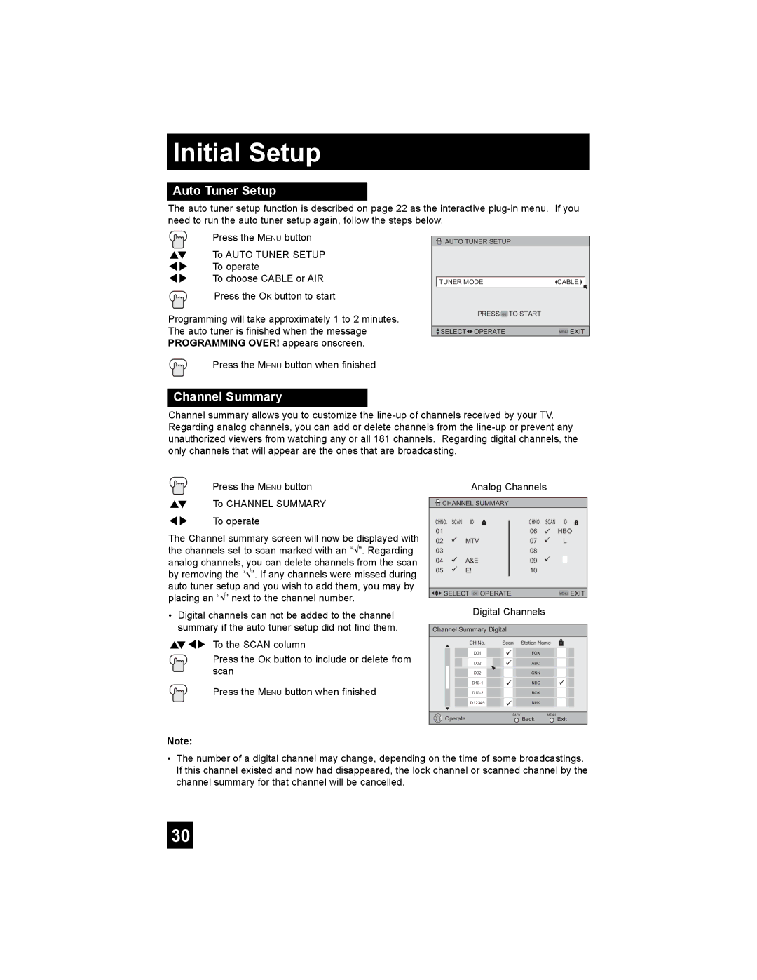 JVC AV 30W776, AV 32S776, AV 27S776 manual Initial Setup, Auto Tuner Setup, Channel Summary 