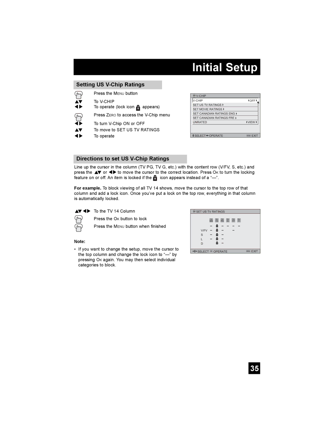 JVC AV-32S776, AV-32S766, AV-30W776, AV-27S776, AV 32S776 Setting US V-Chip Ratings, Directions to set US V-Chip Ratings 